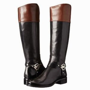New Michael Kors Fulton Harness Black and Mocha Brown Leather Riding Boots